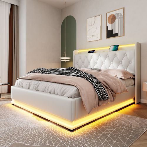Lit Double Capitonné 160*200cm-rangement Hydraulique-avec Port De Chargement USB Type-c-blanc