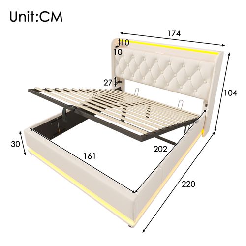 Lit Double Capitonné 160*200cm-rangement Hydraulique-avec Port De Chargement USB Type-c-blanc
