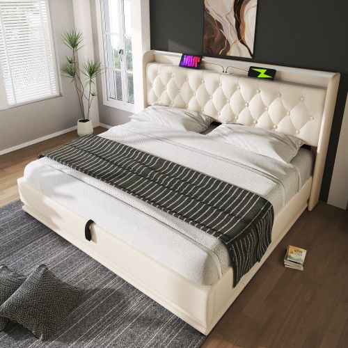 Lit Double Capitonné 160*200cm-rangement Hydraulique-avec Port De Chargement USB Type-c-blanc