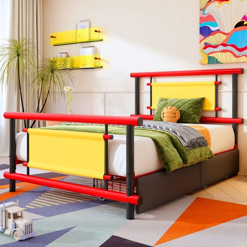Lit Enfant 90x200 Cm En Métal Avec 2 Tiroirs, Rouge