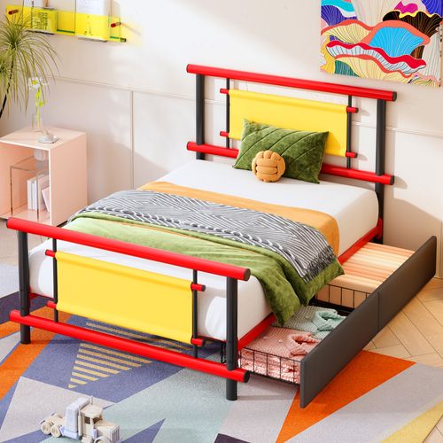 Lit Enfant 90x200 Cm En Métal Avec 2 Tiroirs, Rouge