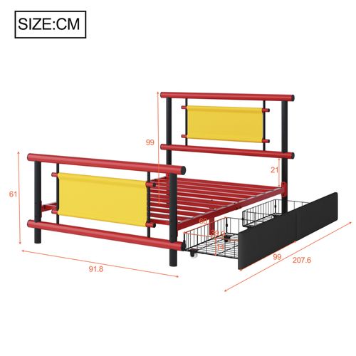 Lit Enfant 90x200 Cm En Métal Avec 2 Tiroirs, Rouge