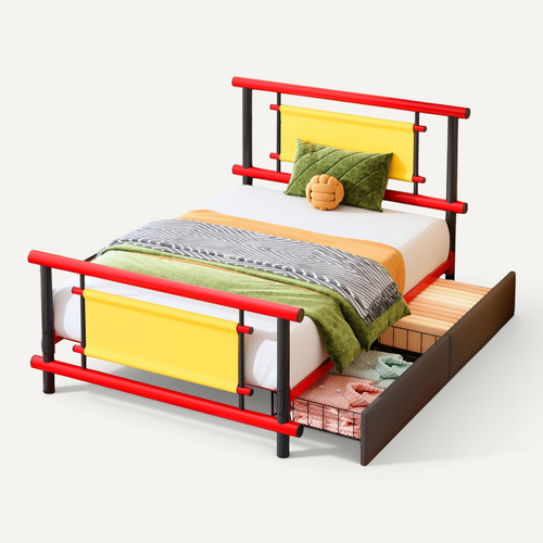 Lit Enfant 90x200 Cm En Métal Avec 2 Tiroirs, Rouge
