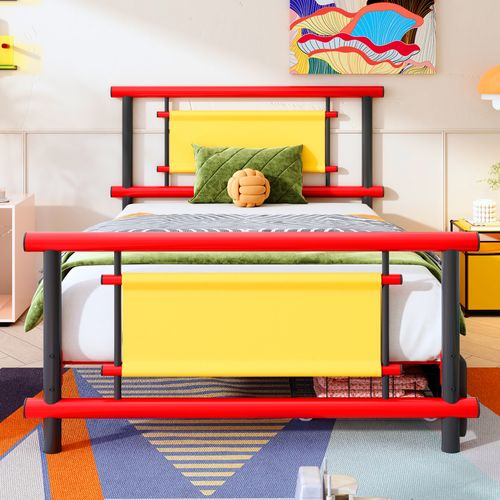 Lit Enfant 90x200 Cm En Métal Avec 2 Tiroirs, Rouge