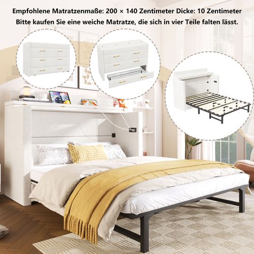Lit Rabattable 140x200 Cm Avec Tiroir, Bureau Et Ports USB/type-c, Beige