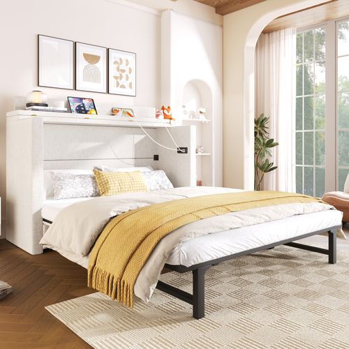 Lit Rabattable 140x200 Cm Avec Tiroir, Bureau Et Ports USB/type-c, Beige