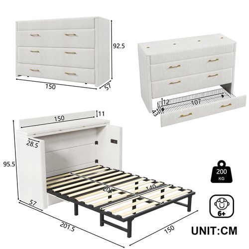 Lit Rabattable 140x200 Cm Avec Tiroir, Bureau Et Ports USB/type-c, Beige