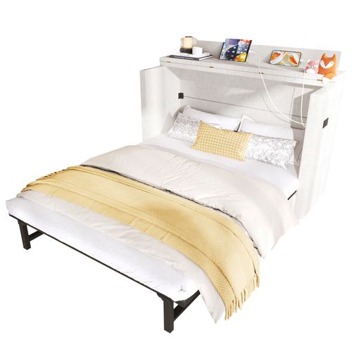 Lit Rabattable 140x200 Cm Avec Tiroir, Bureau Et Ports USB/type-c, Beige