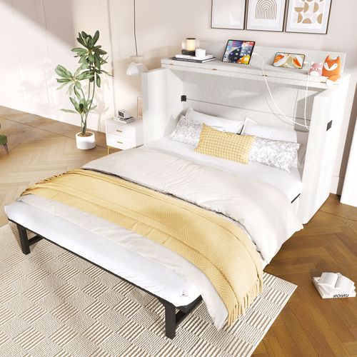 Lit Rabattable 140x200 Cm Avec Tiroir, Bureau Et Ports USB/type-c, Beige