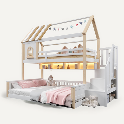 Lit Superposé 90x200+140x200 Avec LED, Design Maison, Bois