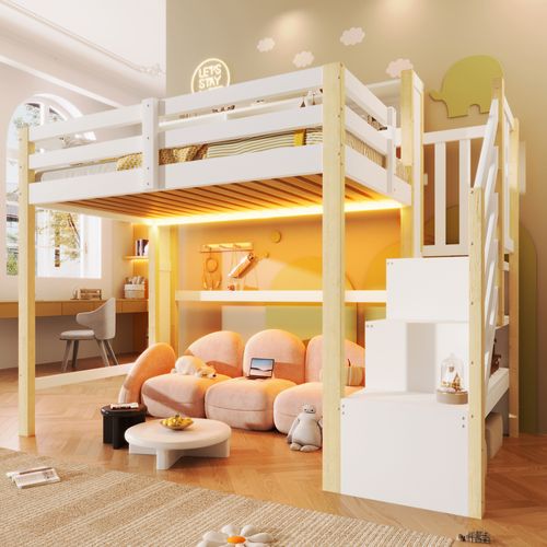 Lit Mezzanine 90x200 Cm Avec LED, Escalier Coffre Et Grand Rangement En Pine, Blanc Et Bois