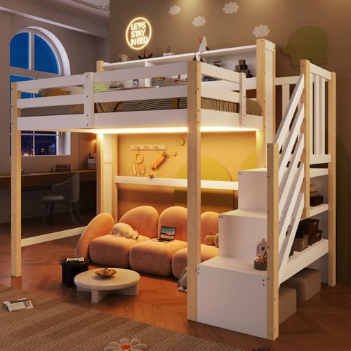 Lit Mezzanine 90x200 Cm Avec LED, Escalier Coffre Et Grand Rangement En Pine, Blanc Et Bois