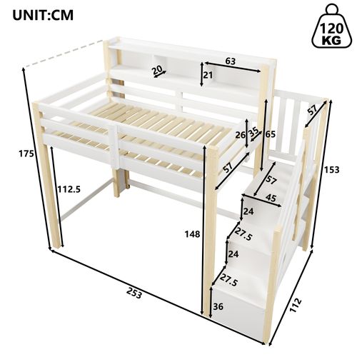 Lit Mezzanine 90x200 Cm Avec LED, Escalier Coffre Et Grand Rangement En Pine, Blanc Et Bois