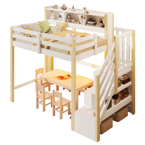 Lit Mezzanine 90x200 Cm Avec LED, Escalier Coffre Et Grand Rangement En Pine, Blanc Et Bois