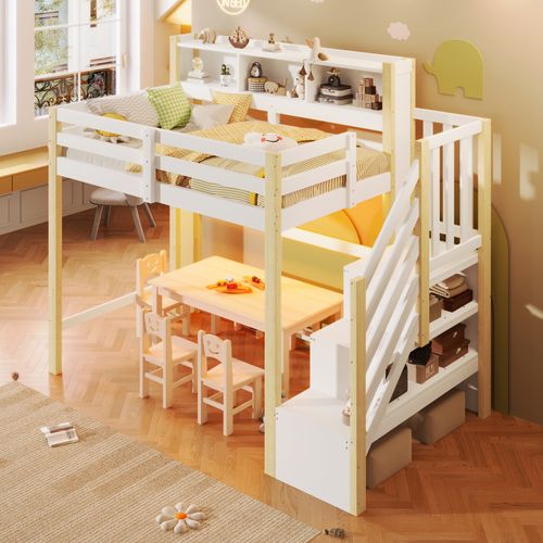 Lit Mezzanine 90x200 Cm Avec LED, Escalier Coffre Et Grand Rangement En Pine, Blanc Et Bois
