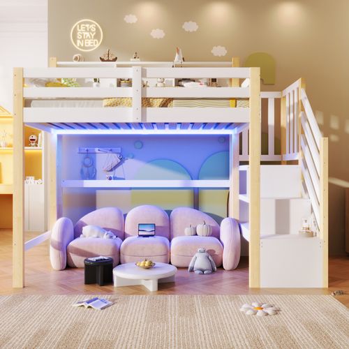 Lit Mezzanine 90x200 Cm Avec LED, Escalier Coffre Et Grand Rangement En Pine, Blanc Et Bois
