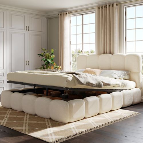 Lit Coffre 160x200 Cm Avec Coffre Hydraulique, Tête Rembourrée Et Sommier, Bouclette Blanc
