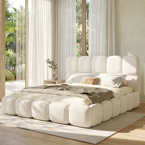 Lit Coffre 160x200 Cm Avec Coffre Hydraulique, Tête Rembourrée Et Sommier, Bouclette Blanc