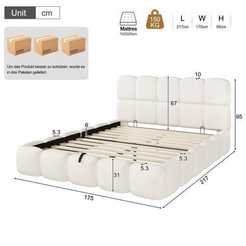 Lit Coffre 160x200 Cm Avec Coffre Hydraulique, Tête Rembourrée Et Sommier, Bouclette Blanc