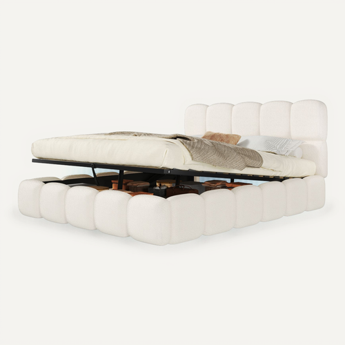 Lit Coffre 160x200 Cm Avec Coffre Hydraulique, Tête Rembourrée Et Sommier, Bouclette Blanc
