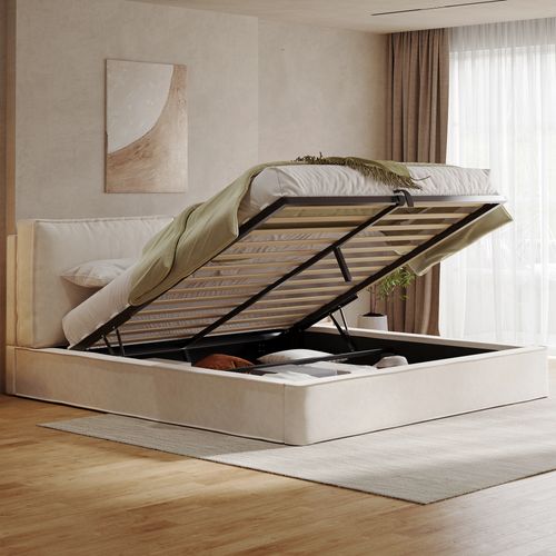 Lit Coffre 160x200 Cm Avec Coffre Hydraulique, Sommier Et Tête Rembourrée, Chenille Beige