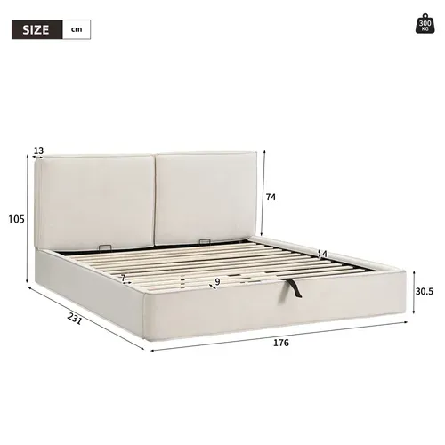 Lit Coffre 160x200 Cm Avec Coffre Hydraulique, Sommier Et Tête Rembourrée, Chenille Beige