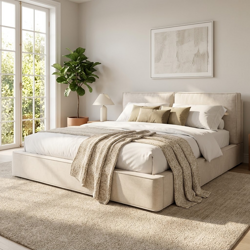 Lit Coffre 160x200 Cm Avec Coffre Hydraulique, Sommier Et Tête Rembourrée, Chenille Beige