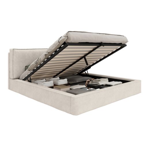 Lit Coffre 160x200 Cm Avec Coffre Hydraulique, Sommier Et Tête Rembourrée, Chenille Beige