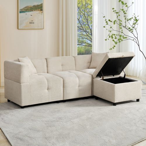 Canapé Fixe - Canapé D'angle 3 Places- Avec 1 Repose-pieds - 204x126x69cm - Beige
