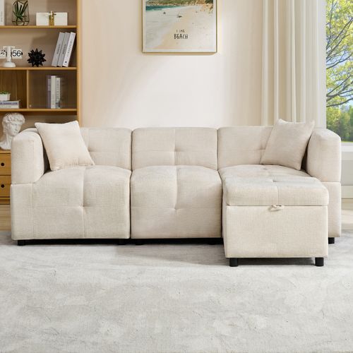Canapé Fixe - Canapé D'angle 3 Places- Avec 1 Repose-pieds - 204x126x69cm - Beige