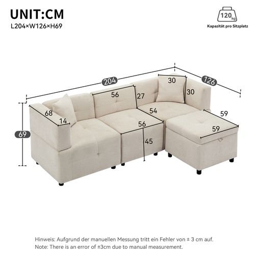 Canapé Fixe - Canapé D'angle 3 Places- Avec 1 Repose-pieds - 204x126x69cm - Beige