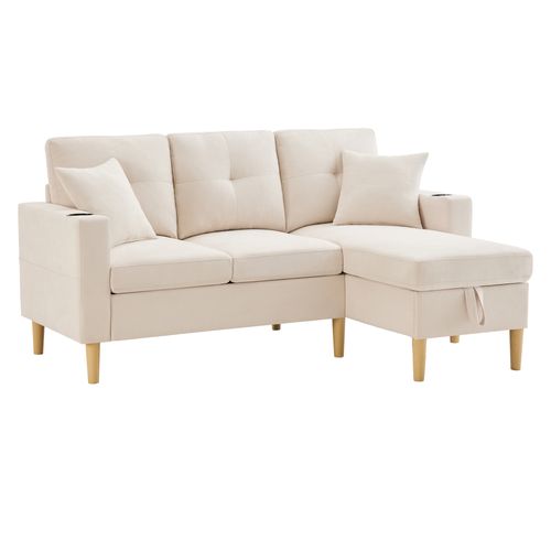 Canapé Fixe- Canapé D'angle 3 Places- Grand Espace De Rangement - 175x129x90cm - Beige
