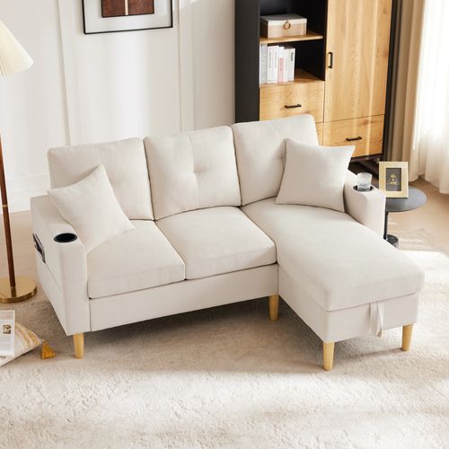 Canapé Fixe- Canapé D'angle 3 Places- Grand Espace De Rangement - 175x129x90cm - Beige