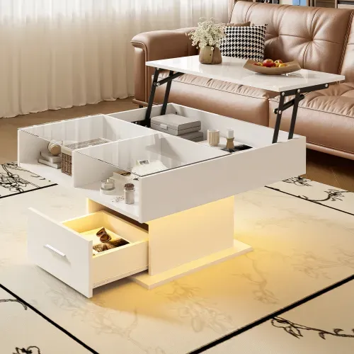 Table Basse Carrée - Table à Café LED - Table Basse Relevable - Salon - Blanc