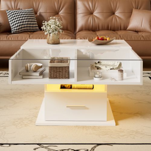 Table Basse Carrée - Table à Café LED - Table Basse Relevable - Salon - Blanc