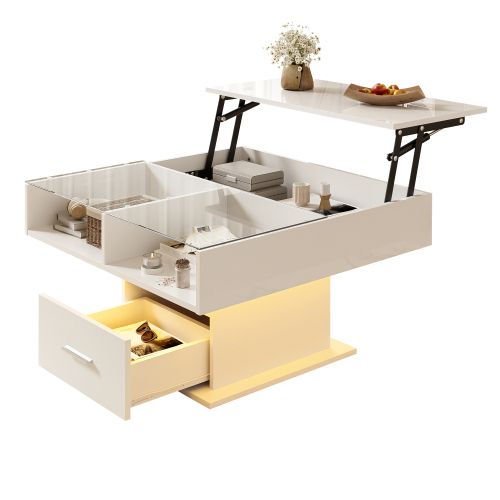 Table Basse Carrée - Table à Café LED - Table Basse Relevable - Salon - Blanc