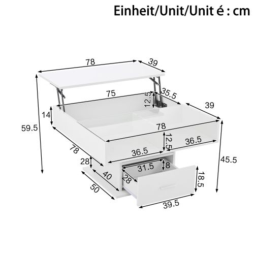 Table Basse Carrée - Table à Café LED - Table Basse Relevable - Salon - Blanc