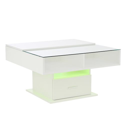 Table Basse Carrée - Table à Café LED - Table Basse Relevable - Salon - Blanc