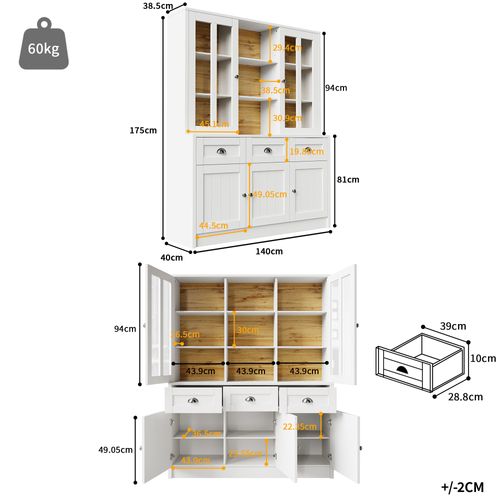 Buffet De Cuisine-140×38,5×175cm-meuble De Cuisine-avec Tiroirs-cuisine, Salon-blanc