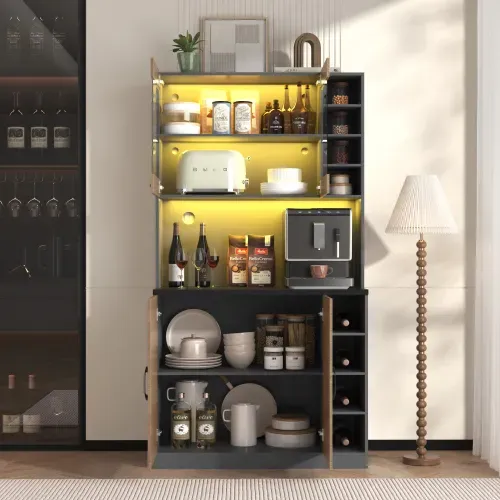 Vitrine Multifonctionnelle Avec LED - Étagère Pour Salon- En Bois - Naturel Et Gris