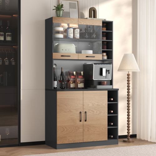 Vitrine Multifonctionnelle Avec LED - Étagère Pour Salon- En Bois - Naturel Et Gris