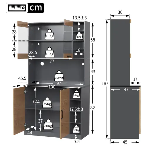 Vitrine Multifonctionnelle Avec LED - Étagère Pour Salon- En Bois - Naturel Et Gris