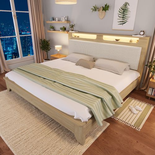 Lit Double En Bois Avec LED - Tête De Lit - Chêne  - 160×200cm - Natuel