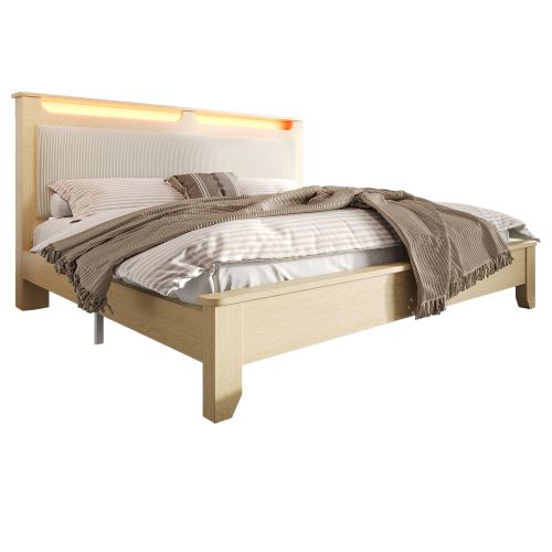 Lit Double En Bois Avec LED - Tête De Lit - Chêne  - 160×200cm - Natuel