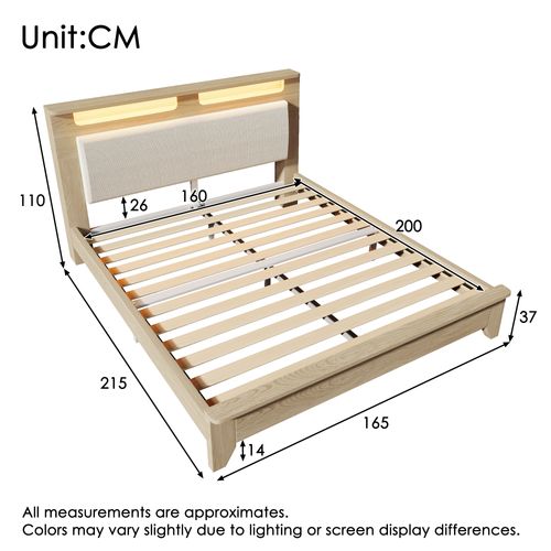 Lit Double En Bois Avec LED - Tête De Lit - Chêne  - 160×200cm - Natuel