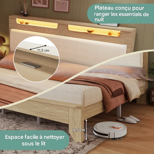 Lit Double En Bois Avec LED - Tête De Lit - Chêne  - 160×200cm - Natuel