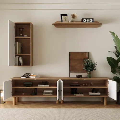 Meuble TV-meuble Mural 3 Pièces-composé D'un Buffet Haut, De Placards Et D'une Étagère Murale-blanc