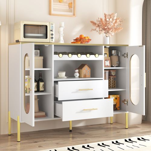 Meuble Rangement Cuisine Avec Multiprise Et Casier à Vin - 107x40x80 Cm, Blanc, 3 Tiroirs, 2 Armoires - 3