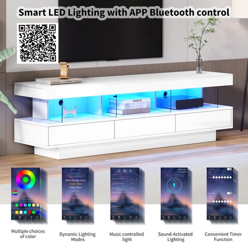 Meuble TV 160cm-éclairage LED-brillant Avec Support TV En Verre-pour Téléviseur 70 Pouces-blanc