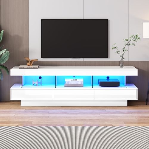 Meuble TV 160cm-éclairage LED-brillant Avec Support TV En Verre-pour Téléviseur 70 Pouces-blanc